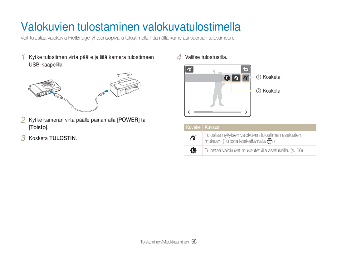 Samsung EC-NV100BBB/E2, EC-NV100BBA/E1, EC-NV100TBB/E2, EC-NV100SBB/E2 Valokuvien tulostaminen valokuvatulostimella, Kosketa 