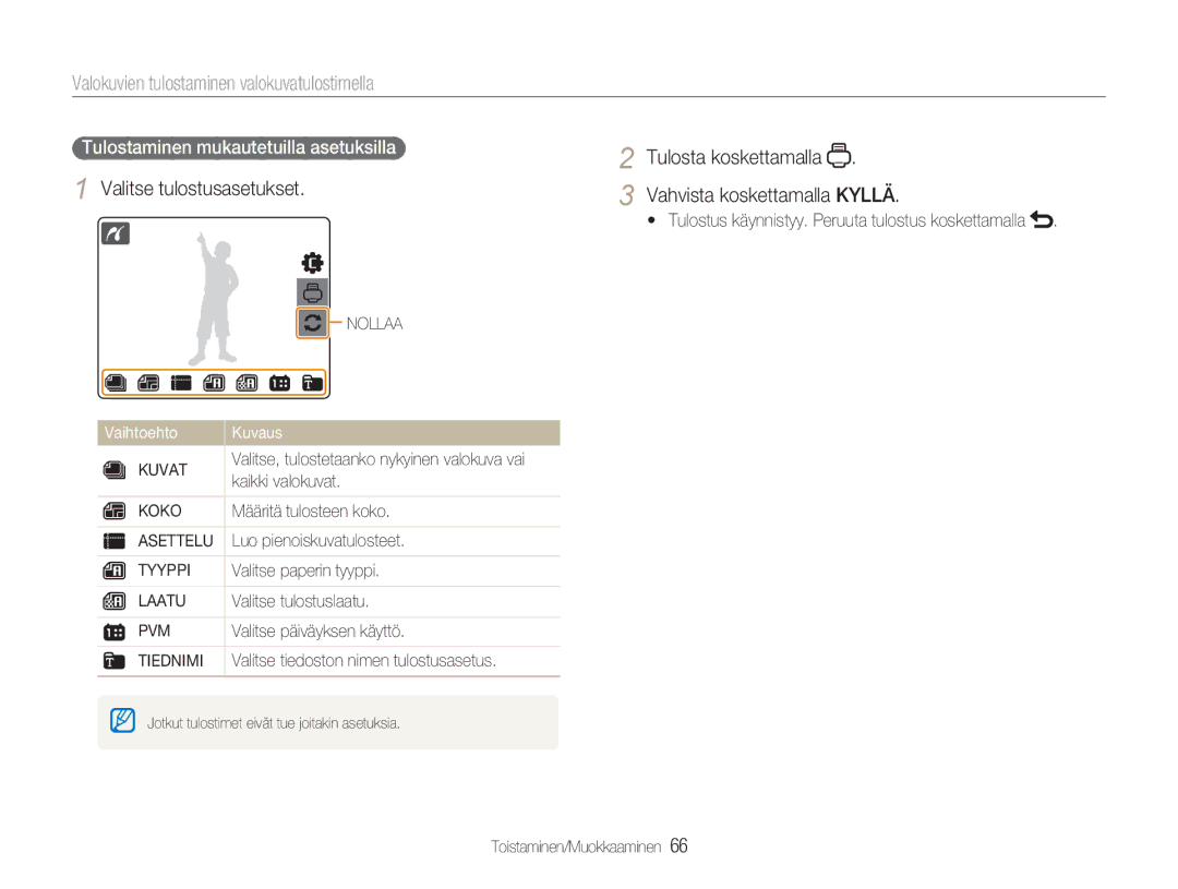 Samsung EC-NV100TBB/E2, EC-NV100BBA/E1 manual Valokuvien tulostaminen valokuvatulostimella, Valitse tulostusasetukset 