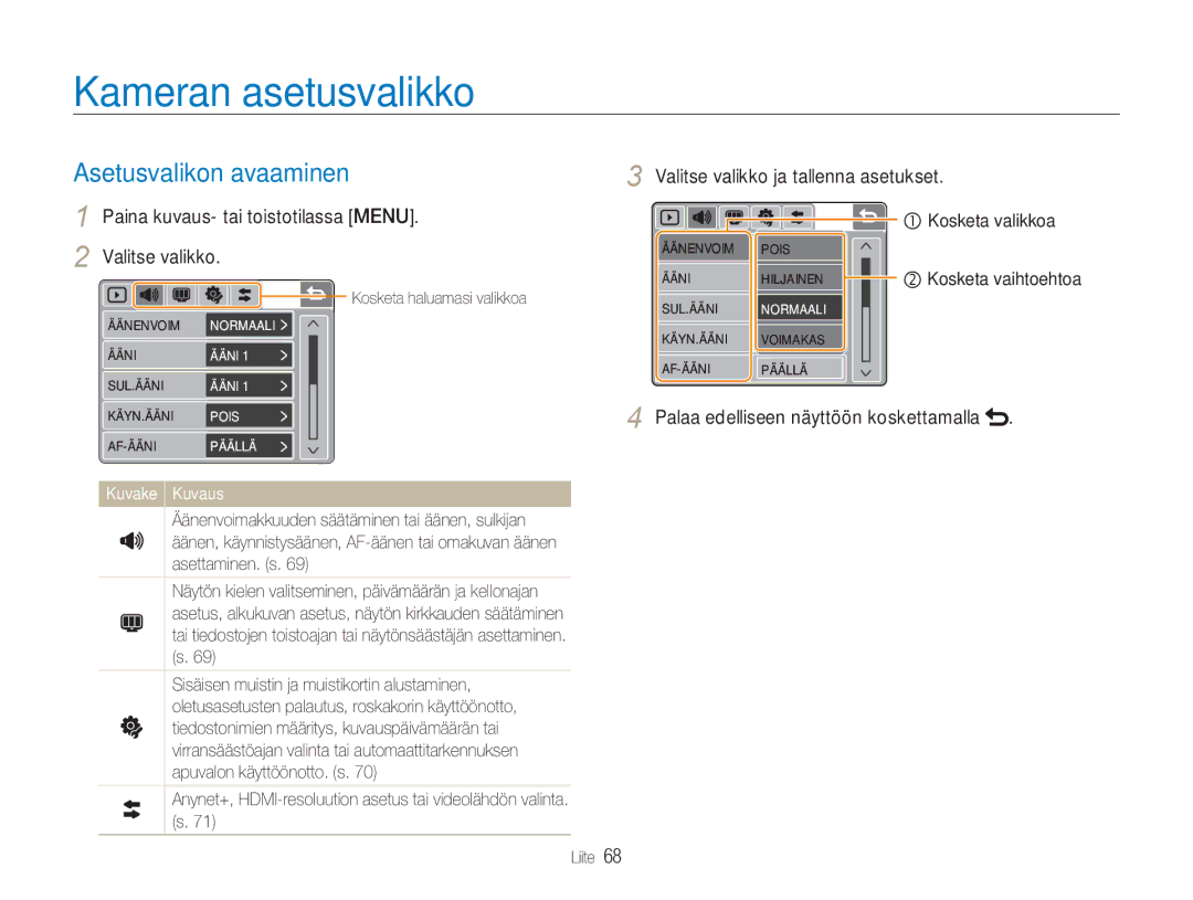 Samsung EC-NV100RBB/E2 manual Kameran asetusvalikko, Asetusvalikon avaaminen, Valitse valikko ja tallenna asetukset 