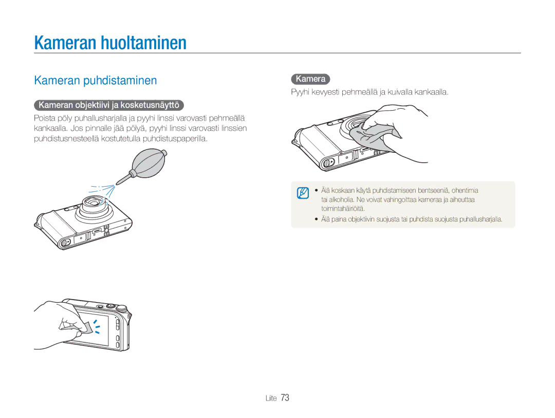 Samsung EC-NV100RBB/E2, EC-NV100BBA/E1 Kameran huoltaminen, Kameran puhdistaminen, Kameran objektiivi ja kosketusnäyttö 