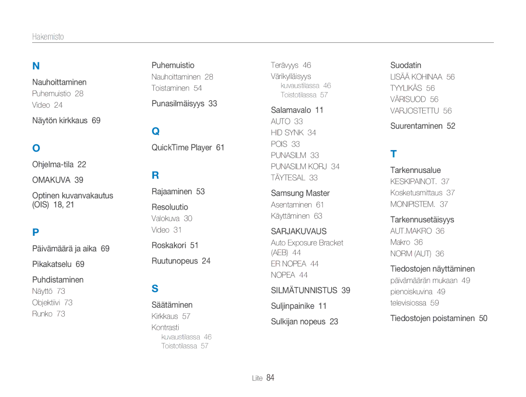 Samsung EC-NV100BBA/E1 manual Hakemisto, ER Nopea 44 Nopea, Lisää Kohinaa Tyylikäs Värisuod Varjostettu, Monipistem 