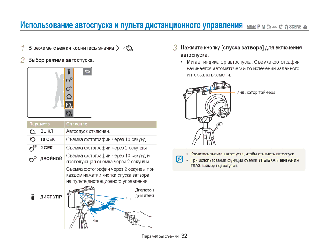 Samsung EC-NV100BBA/RU, EC-NV100RBA/RU Режиме съемки коснитесь значка ¡ Выбор режима автоспуска, Сек, Двойной, Дист УПР 