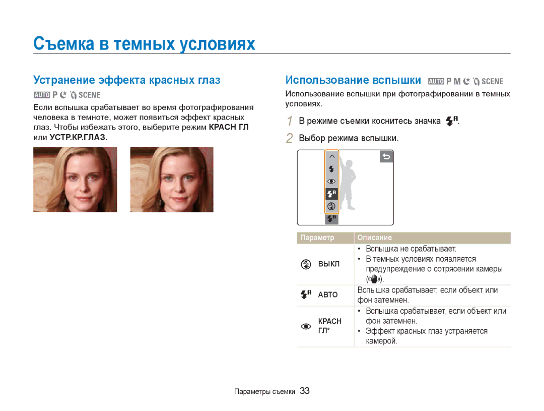 Samsung EC-NV100TBA/RU manual Съемка в темных условиях, Устранение эффекта красных глаз, Использование вспышки 2 1 8 6 5 