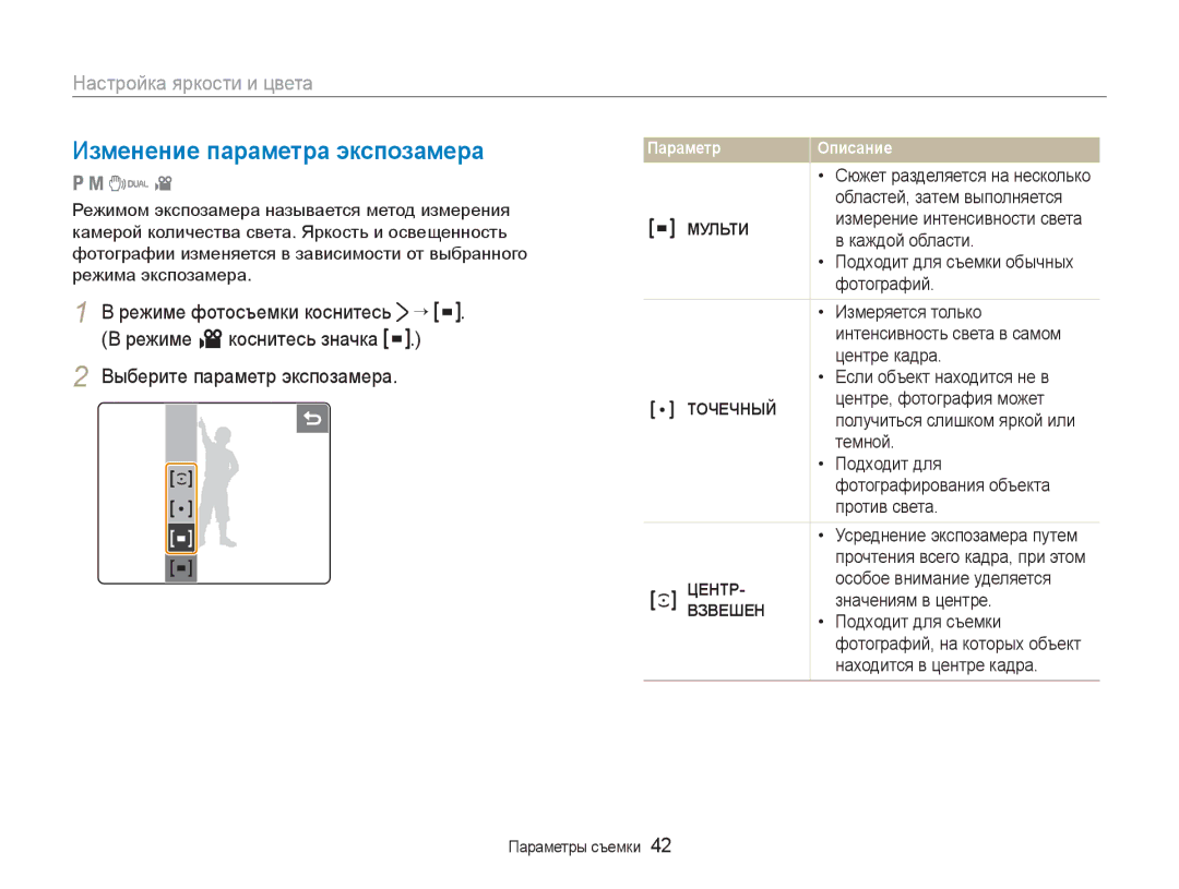 Samsung EC-NV100RFA/RU, EC-NV100RBA/RU, EC-NV100SFA/RU Изменение параметра экспозамера, Мульти, Точечный, Центр, Взвешен 