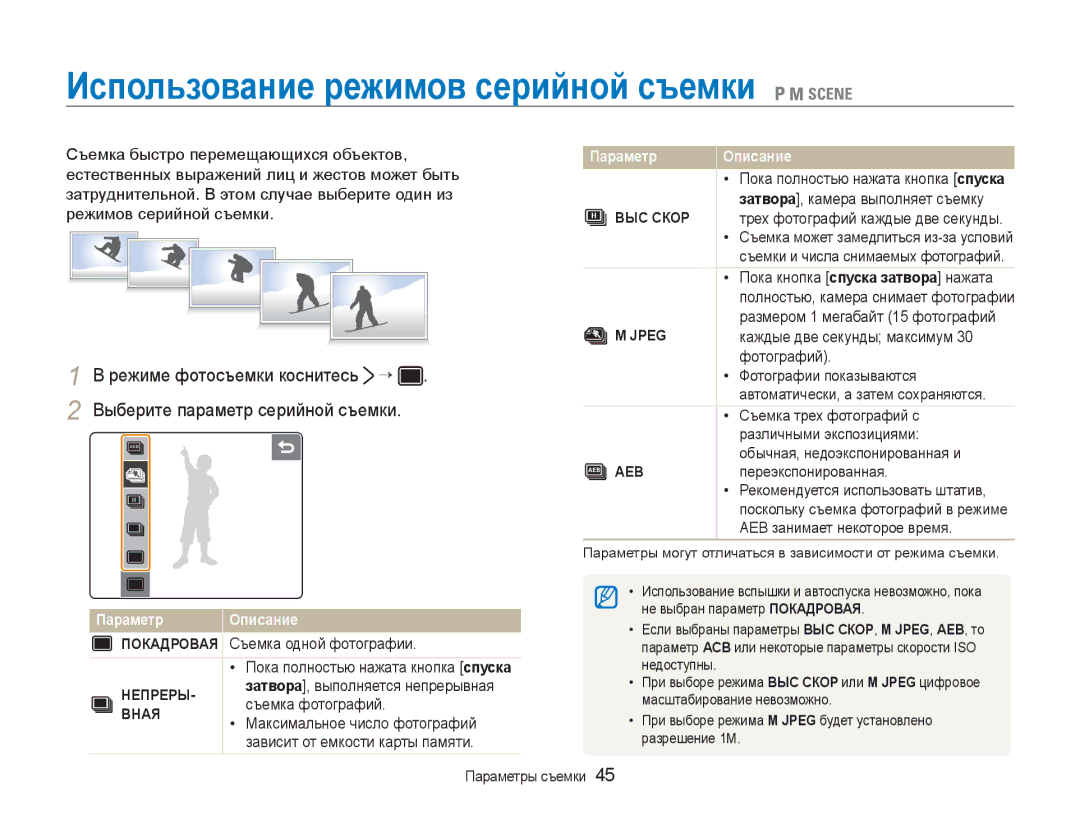 Samsung EC-NV100TBA/RU, EC-NV100RBA/RU manual Использование режимов серийной съемки 1 8, ВЫС Скор, Jpeg, Непреры, Вная 