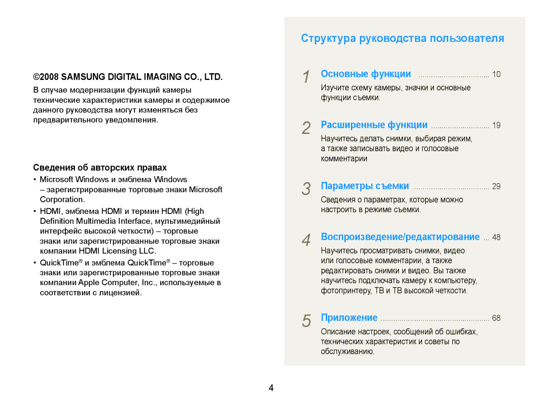 Samsung EC-NV100SBA/RU, EC-NV100RBA/RU, EC-NV100RFA/RU, EC-NV100SFA/RU, EC-NV100BBA/RU Структура руководства пользователя 