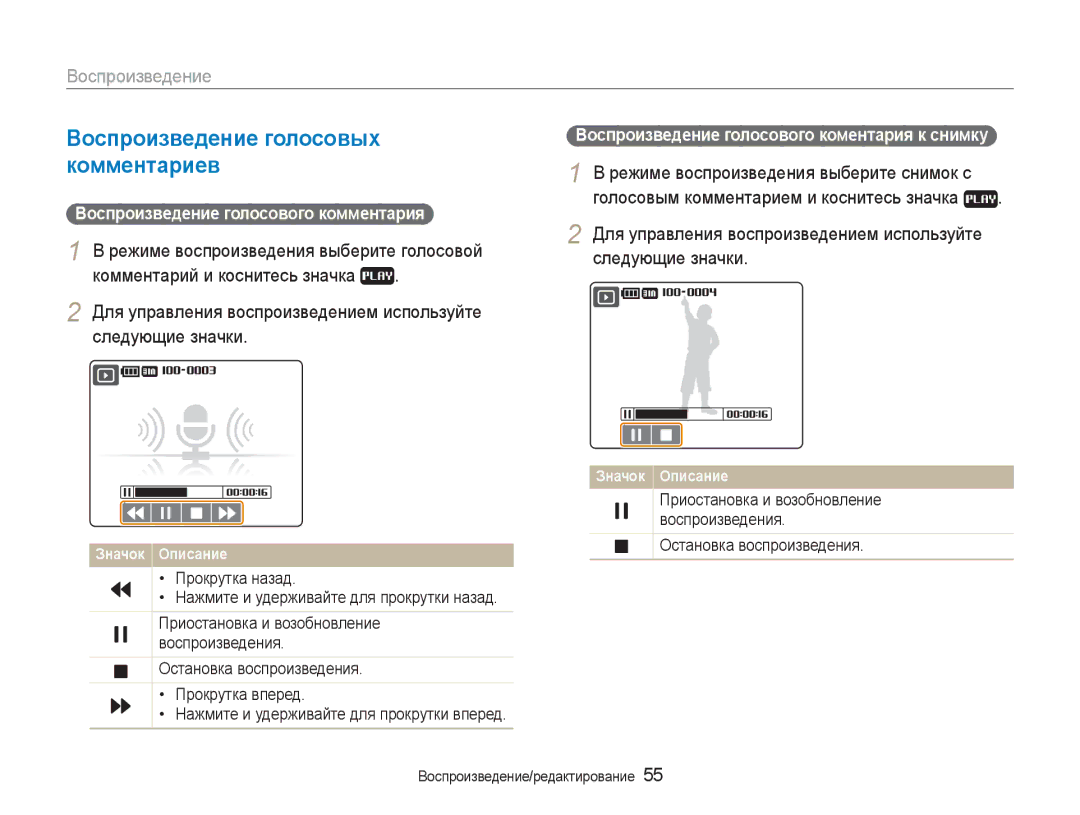 Samsung EC-NV100SFA/RU, EC-NV100RBA/RU manual Комментариев, Следующие значки, Для управления воспроизведением используйте 