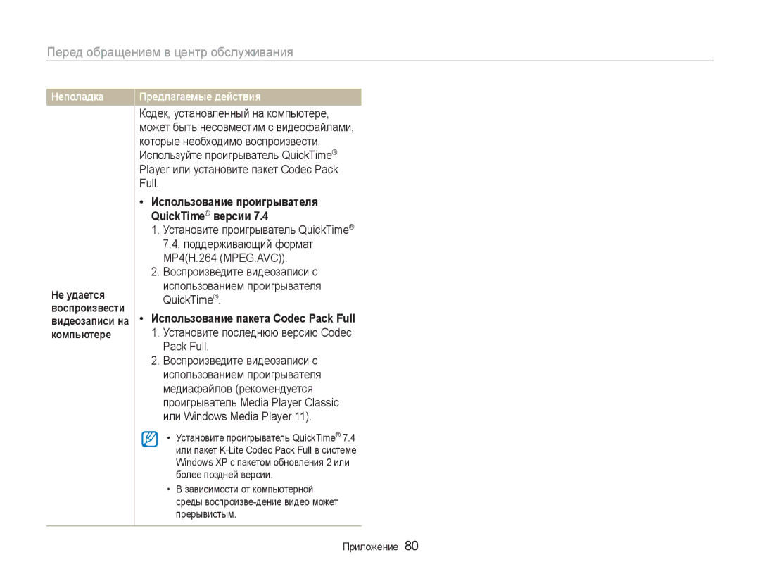 Samsung EC-NV100BBA/RU, EC-NV100RBA/RU Использование проигрывателя QuickTime версии, Использование пакета Codec Pack Full 