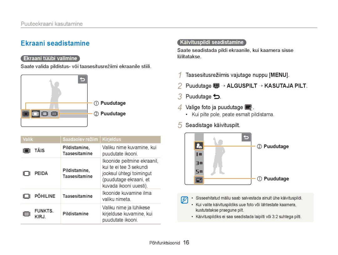 Samsung EC-NV100RBA/RU Ekraani seadistamine, Puuteekraani kasutamine, Taasesitusrežiimis vajutage nuppu Menu, Puudutage 