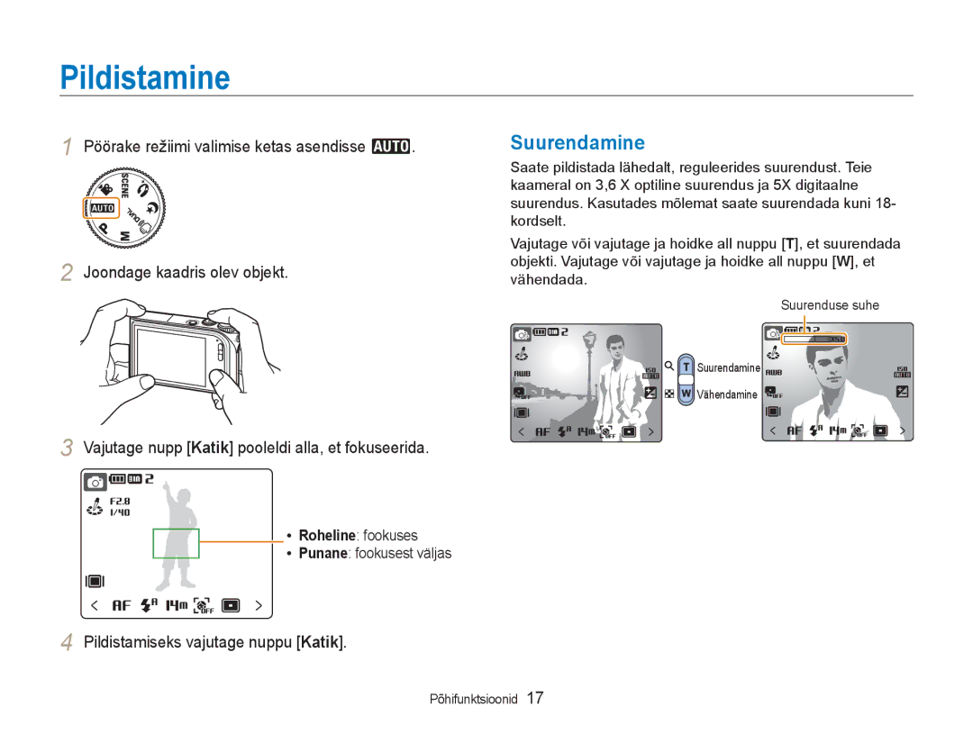 Samsung EC-NV100RBA/RU manual Pildistamine, Suurendamine, Pildistamiseks vajutage nuppu Katik, Roheline fookuses 