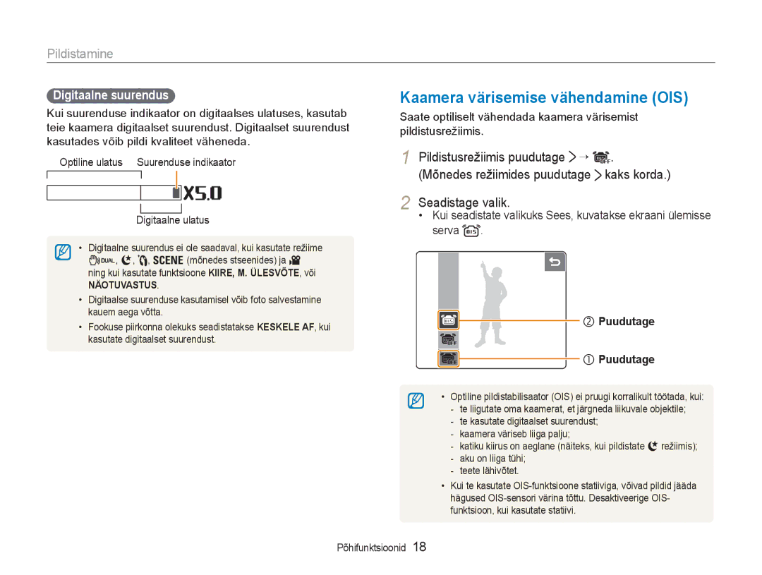 Samsung EC-NV100RBA/RU manual Kaamera värisemise vähendamine OIS, Pildistamine, Pildistusrežiimis puudutage ¡, Kaks korda 