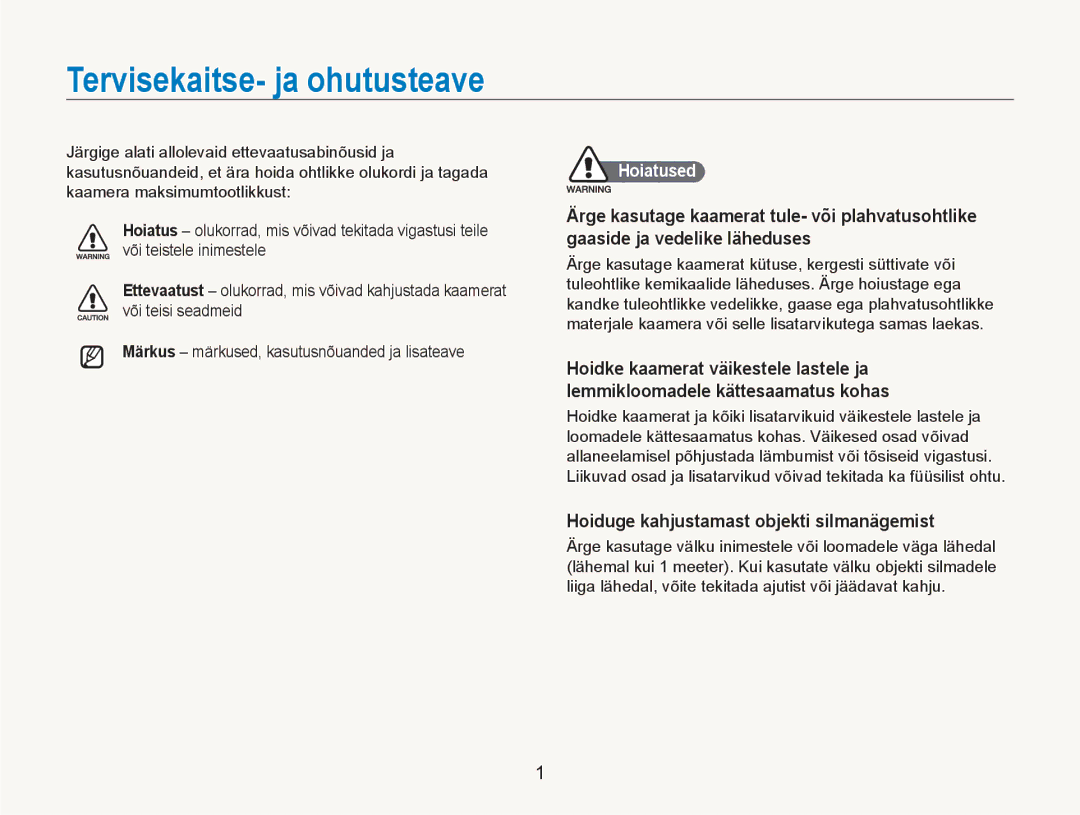 Samsung EC-NV100RBA/RU manual Hoiduge kahjustamast objekti silmanägemist, Hoiatused 