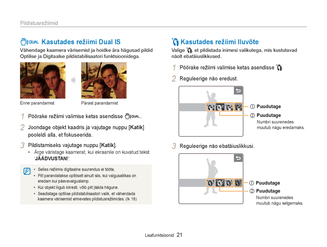 Samsung EC-NV100RBA/RU manual Kasutades režiimi Dual is, Kasutades režiimi Iluvõte, Pildistusrežiimid 