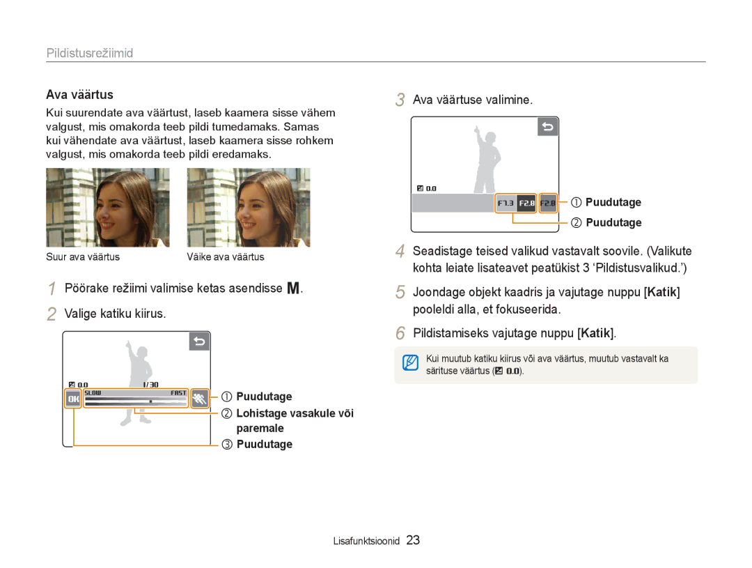 Samsung EC-NV100RBA/RU manual Ava väärtuse valimine, Puudutage Lohistage vasakule või Paremale 