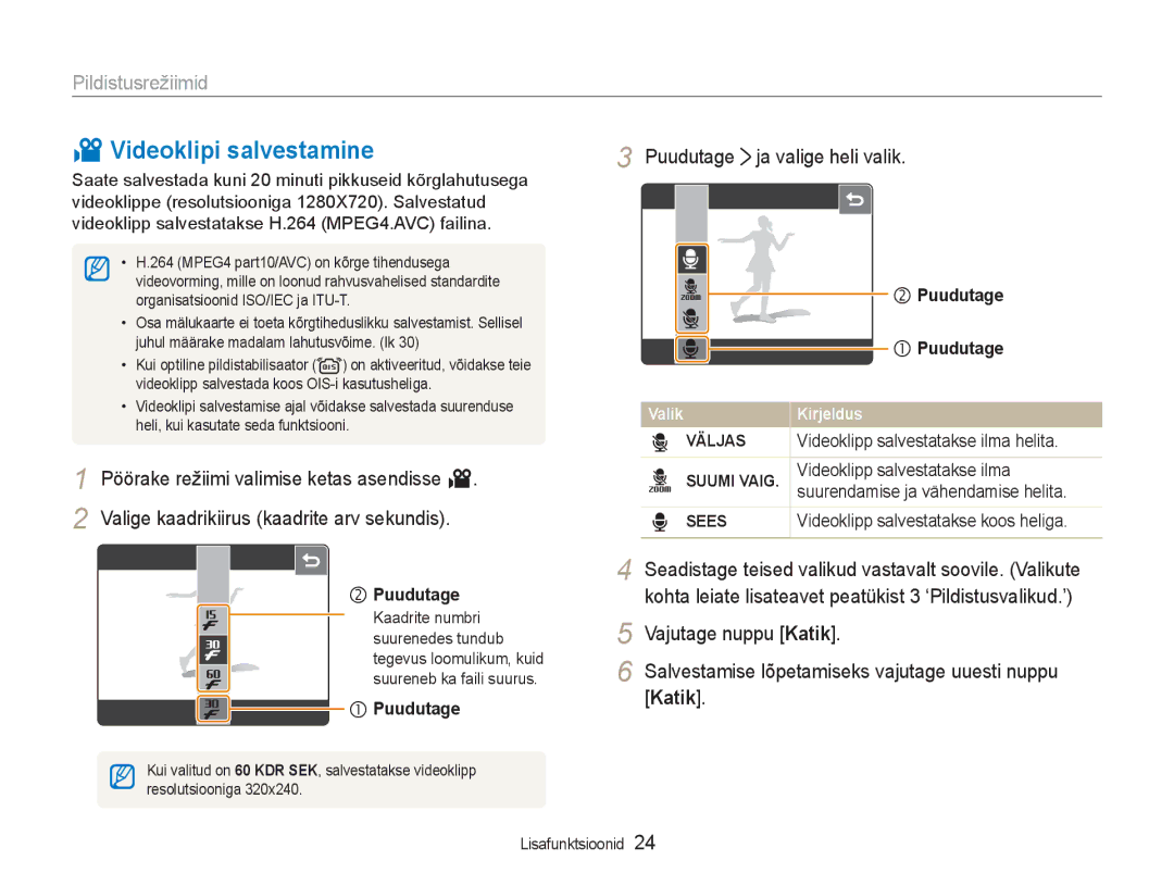 Samsung EC-NV100RBA/RU manual Puudutage ja valige heli valik, Väljas, Videoklipp salvestatakse ilma helita, Sees 