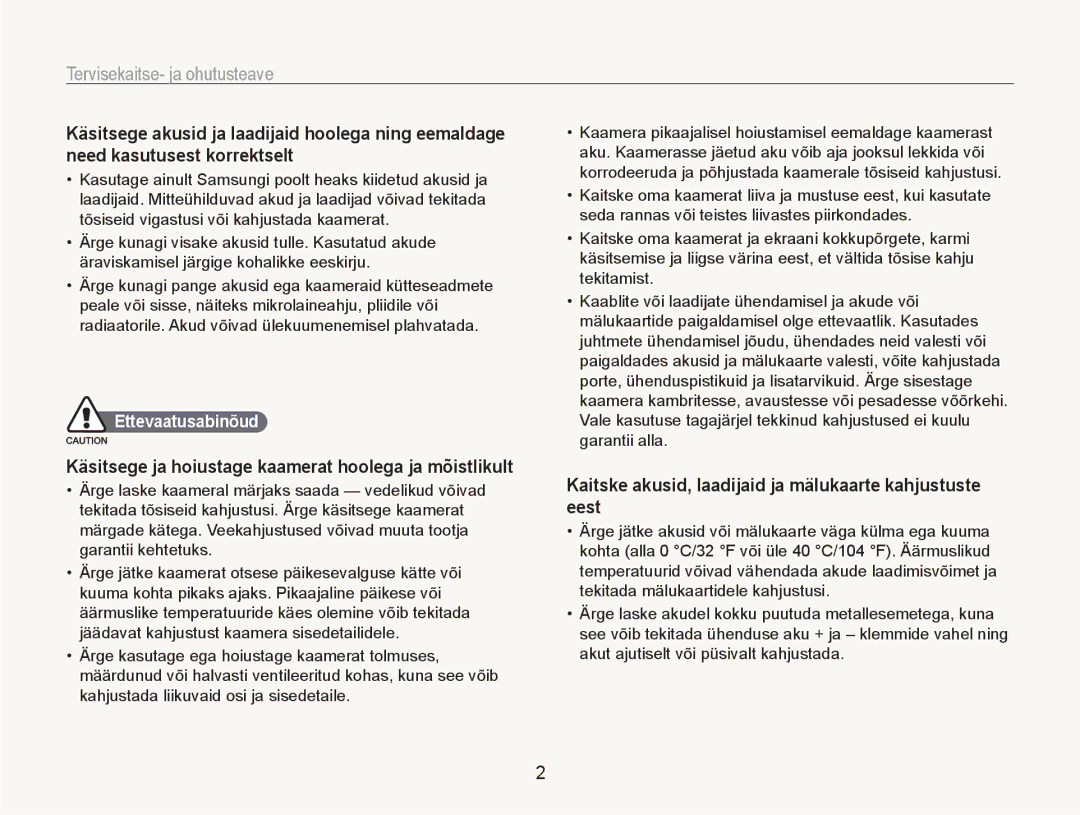 Samsung EC-NV100RBA/RU manual Tervisekaitse- ja ohutusteave, Kaitske akusid, laadijaid ja mälukaarte kahjustuste eest 