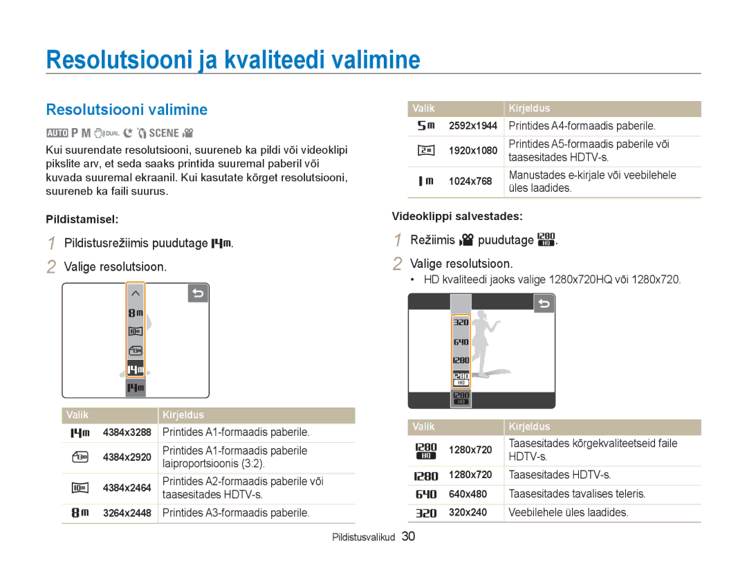 Samsung EC-NV100RBA/RU manual Resolutsiooni ja kvaliteedi valimine, Resolutsiooni valimine 