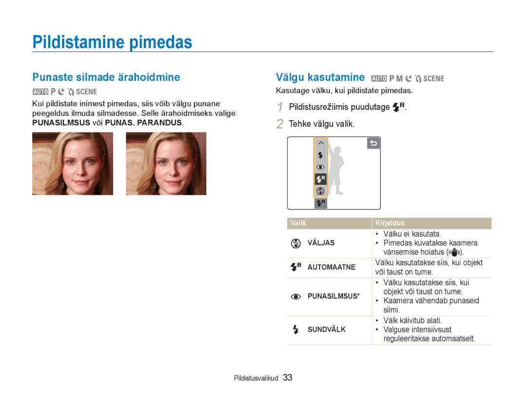 Samsung EC-NV100RBA/RU manual Pildistamine pimedas, Punaste silmade ärahoidmine, Välgu kasutamine 2 1 8 6 5 