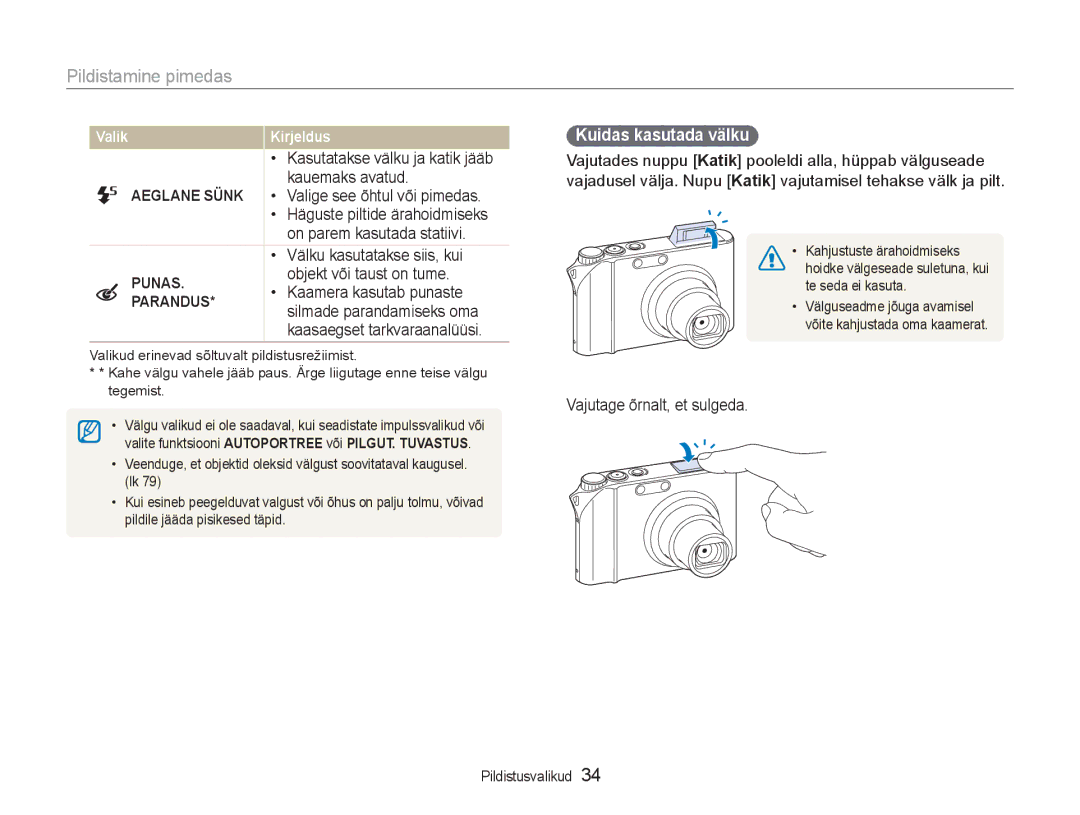 Samsung EC-NV100RBA/RU manual Pildistamine pimedas, Kuidas kasutada välku, Aeglane Sünk, Punas, Parandus 