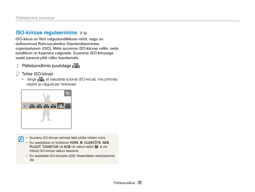 Samsung EC-NV100RBA/RU manual ISO-kiiruse reguleerimine 1, Pildistusrežiimis puudutage Tehke ISO-kiirust 