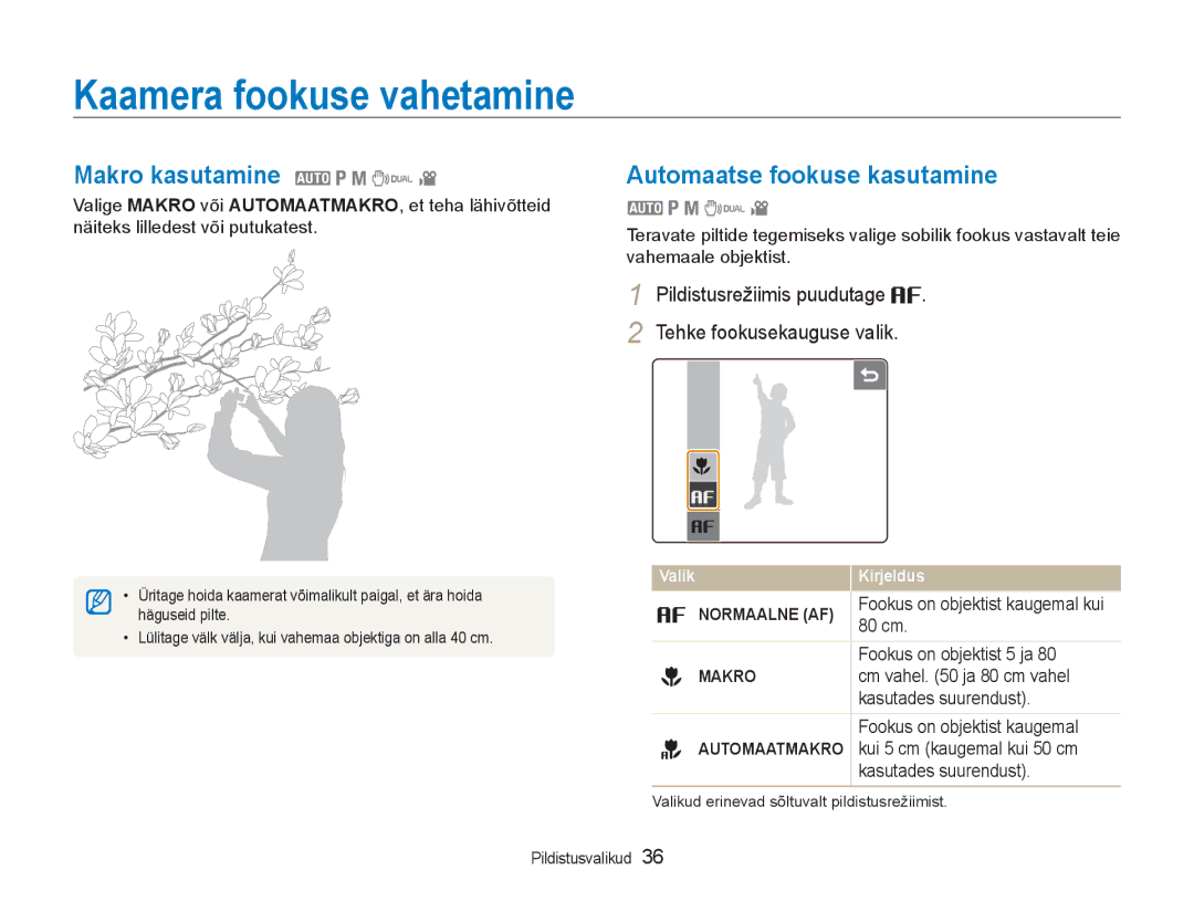 Samsung EC-NV100RBA/RU manual Kaamera fookuse vahetamine, Makro kasutamine 2 1 8 7, Automaatse fookuse kasutamine 