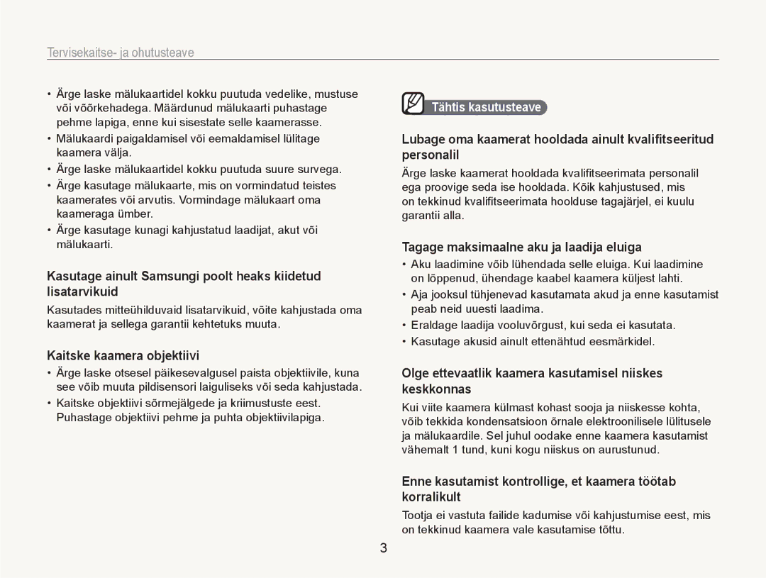 Samsung EC-NV100RBA/RU manual Kasutage ainult Samsungi poolt heaks kiidetud lisatarvikuid, Kaitske kaamera objektiivi 