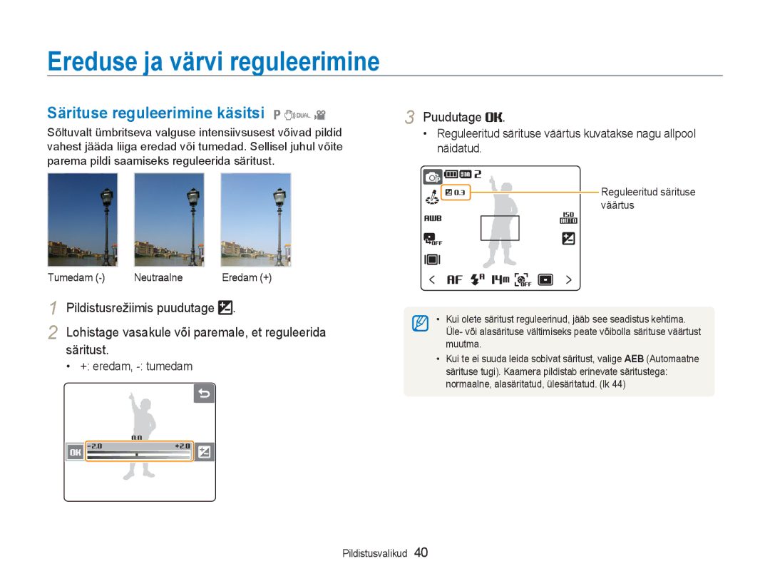 Samsung EC-NV100RBA/RU manual Ereduse ja värvi reguleerimine, Särituse reguleerimine käsitsi 1 7, Säritust 