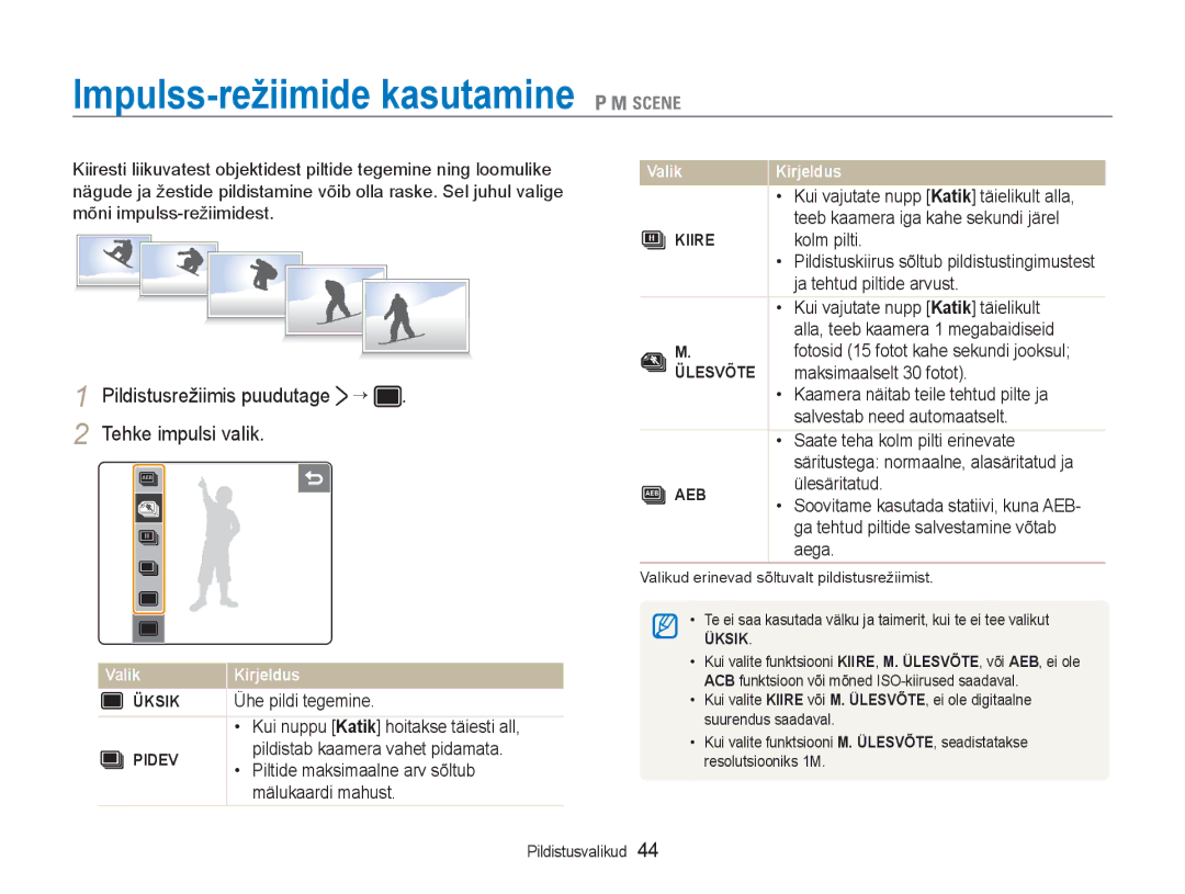 Samsung EC-NV100RBA/RU manual Impulss-režiimide kasutamine 1 8, Pildistusrežiimis puudutage ¡ Tehke impulsi valik 