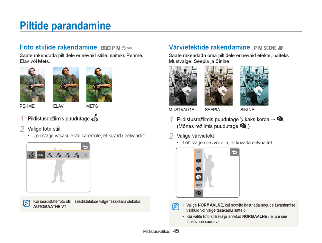 Samsung EC-NV100RBA/RU manual Piltide parandamine, Foto stiilide rakendamine 2 1 8, Värviefektide rakendamine 1 8 4 