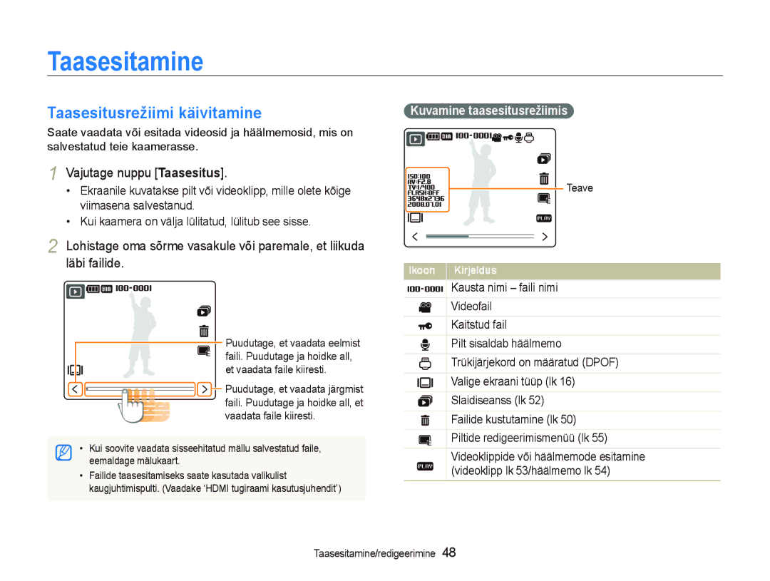 Samsung EC-NV100RBA/RU manual Taasesitamine, Taasesitusrežiimi käivitamine, Kuvamine taasesitusrežiimis 