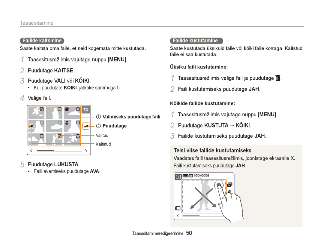 Samsung EC-NV100RBA/RU manual Puudutage Kustuta ¡ Kõiki, Teisi viise failide kustutamiseks 