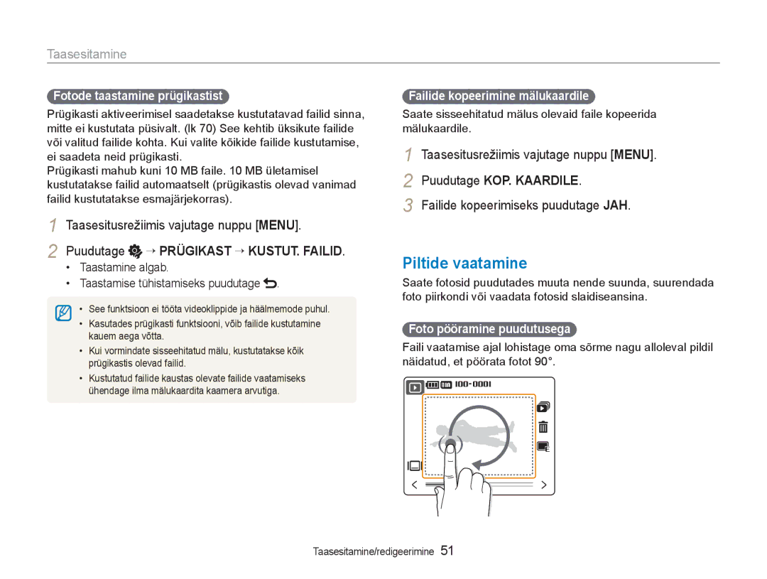 Samsung EC-NV100RBA/RU manual Piltide vaatamine, Puudutage ¡ Prügikast ¡ KUSTUT. Failid, Puudutage KOP. Kaardile 