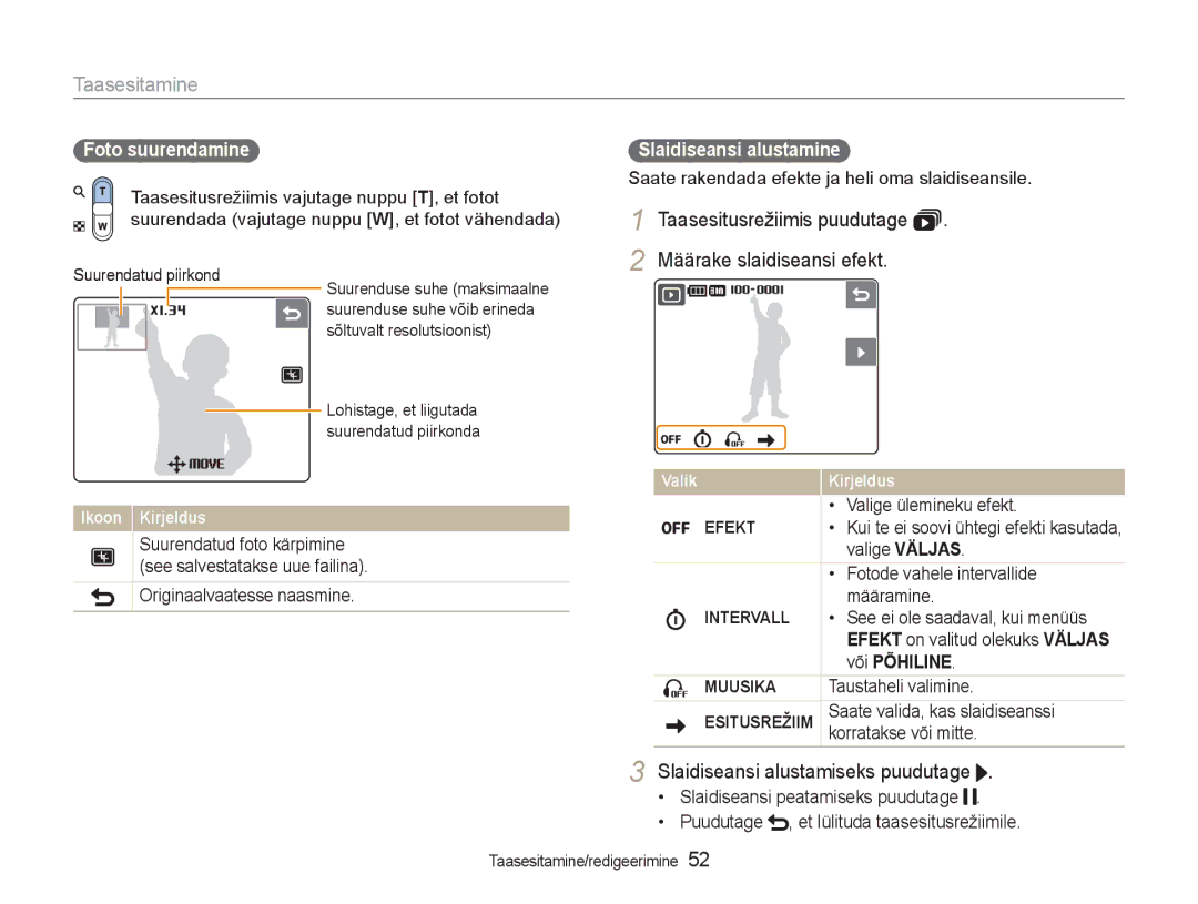 Samsung EC-NV100RBA/RU manual Määrake slaidiseansi efekt, Slaidiseansi alustamiseks puudutage, Efekt, Intervall, Muusika 