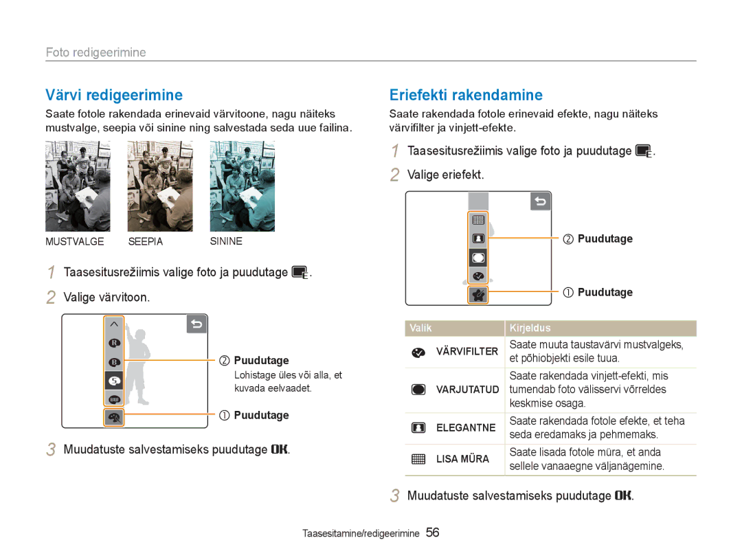 Samsung EC-NV100RBA/RU manual Värvi redigeerimine, Foto redigeerimine, Valige eriefekt 