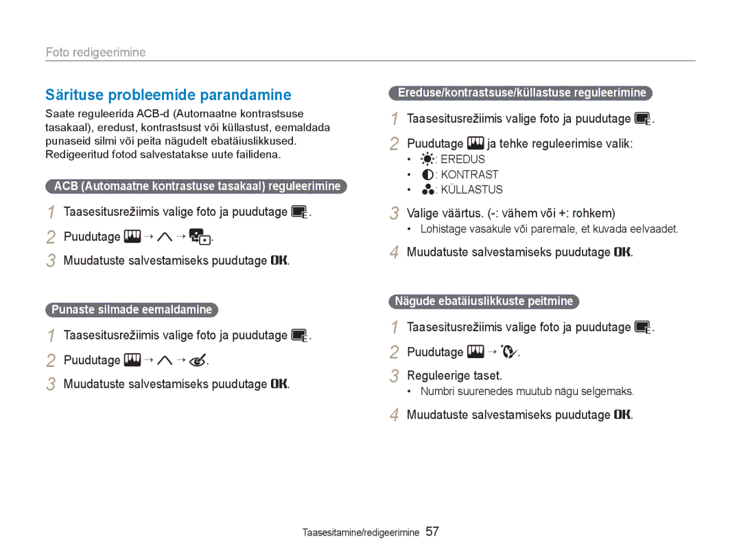 Samsung EC-NV100RBA/RU Särituse probleemide parandamine, Valige väärtus. vähem või + rohkem, Punaste silmade eemaldamine 