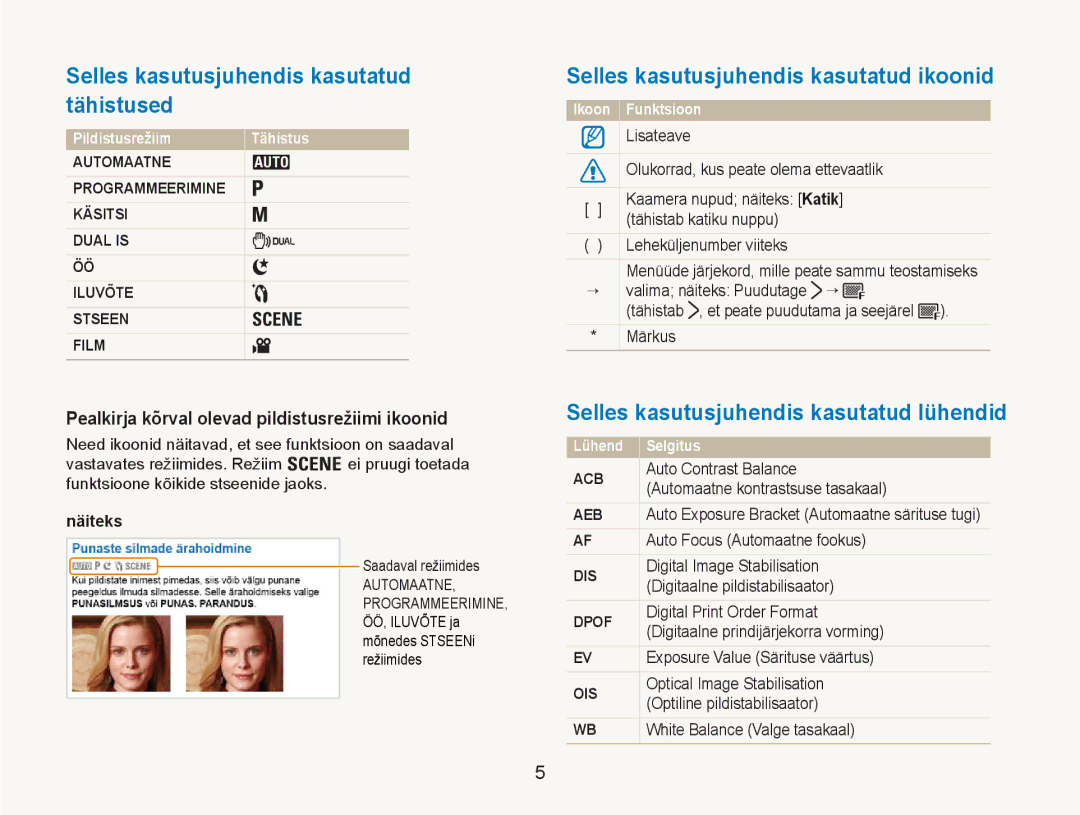 Samsung EC-NV100RBA/RU manual Selles kasutusjuhendis kasutatud tähistused, Selles kasutusjuhendis kasutatud ikoonid 