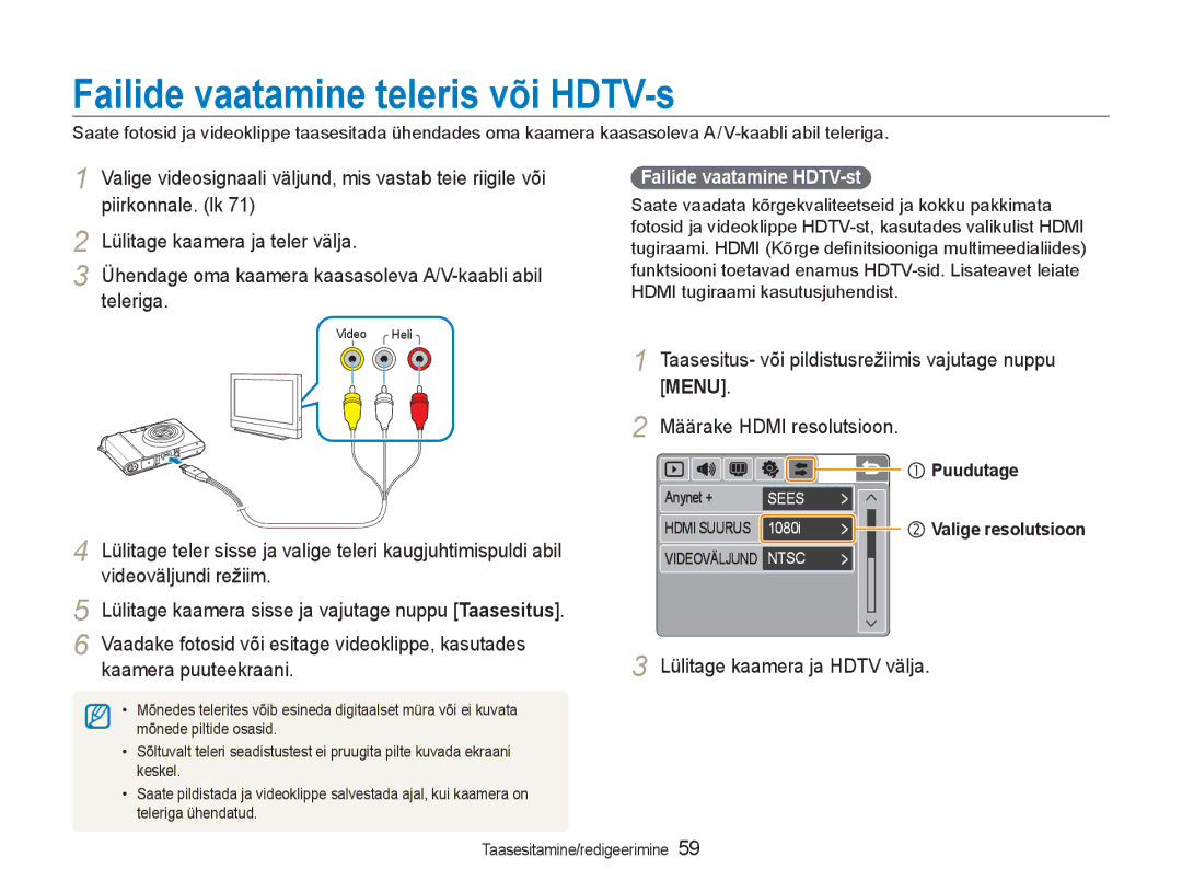 Samsung EC-NV100RBA/RU Failide vaatamine teleris või HDTV-s, Lülitage kaamera ja Hdtv välja, Failide vaatamine HDTV-st 