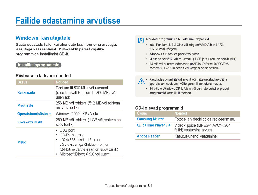 Samsung EC-NV100RBA/RU manual Failide edastamine arvutisse, Windowsi kasutajatele, Riistvara ja tarkvara nõuded 