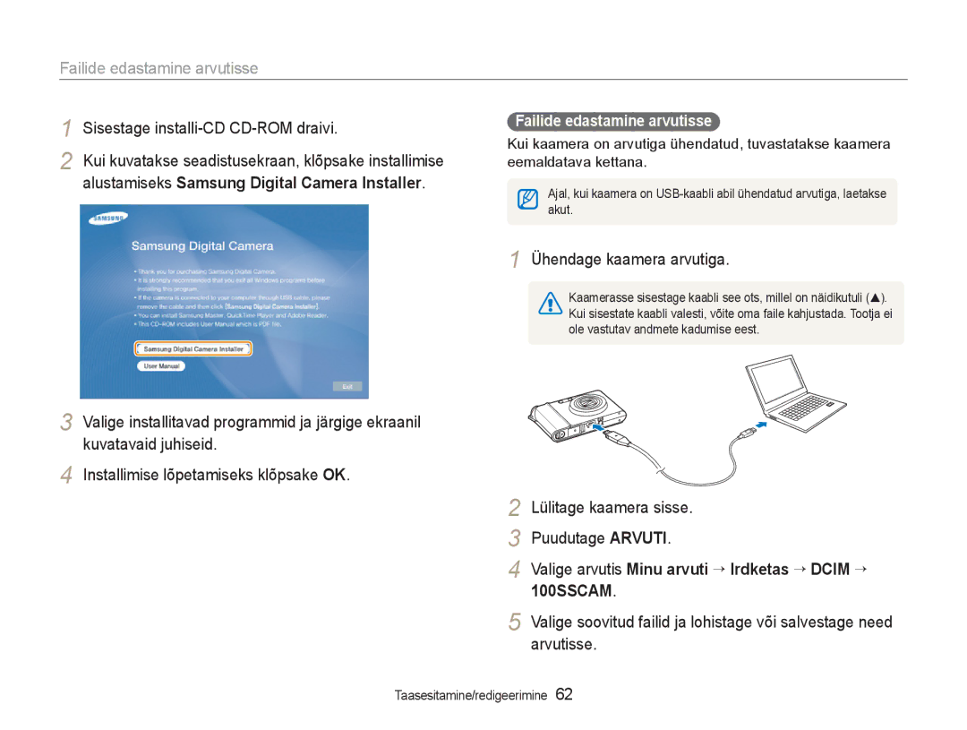 Samsung EC-NV100RBA/RU manual Failide edastamine arvutisse, Sisestage installi-CD CD-ROM draivi, Ühendage kaamera arvutiga 