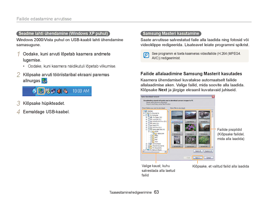 Samsung EC-NV100RBA/RU Oodake, kuni arvuti lõpetab kaamera andmete lugemise, Seadme lahti ühendamine Windows XP puhul 