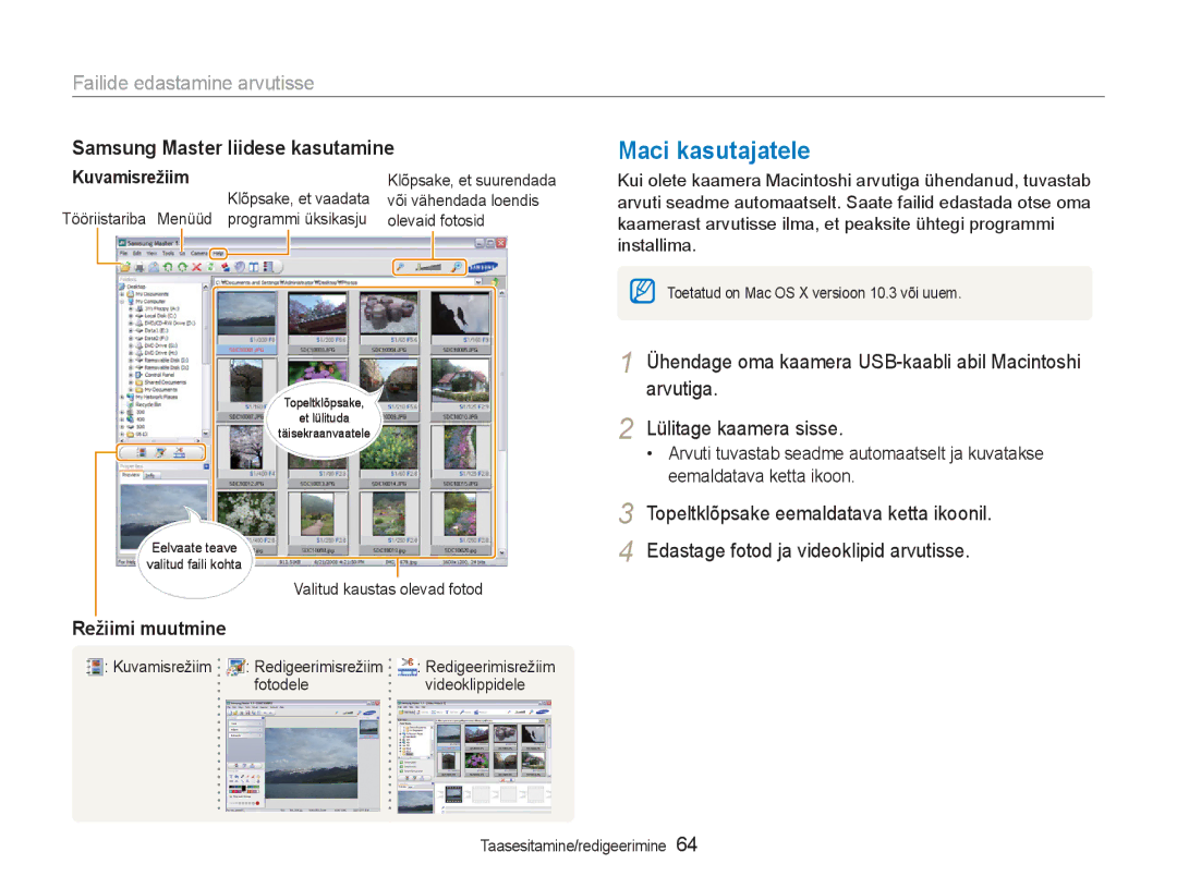 Samsung EC-NV100RBA/RU manual Maci kasutajatele, Samsung Master liidese kasutamine, Kuvamisrežiim 