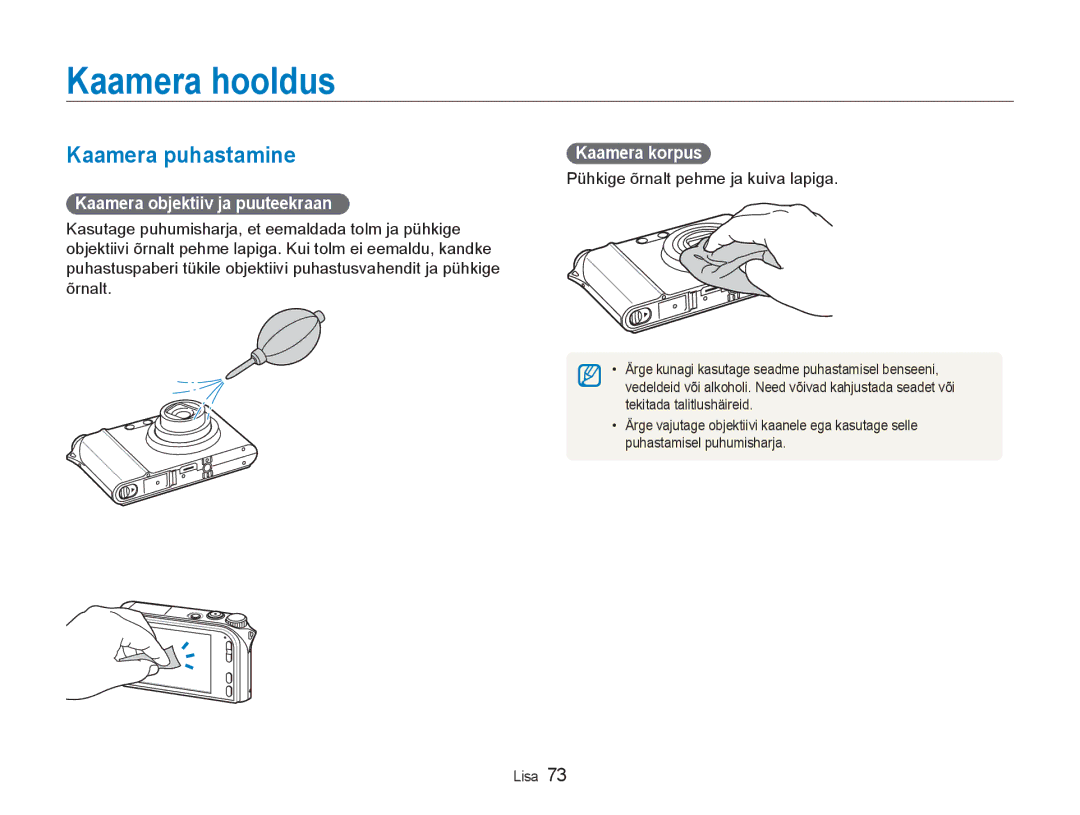 Samsung EC-NV100RBA/RU manual Kaamera hooldus, Kaamera puhastamine, Kaamera objektiiv ja puuteekraan, Kaamera korpus 