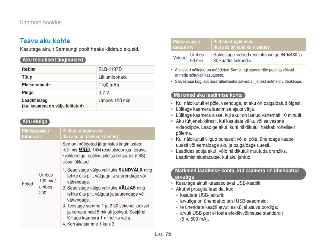 Samsung EC-NV100RBA/RU manual Teave aku kohta, Kaamera hooldus 