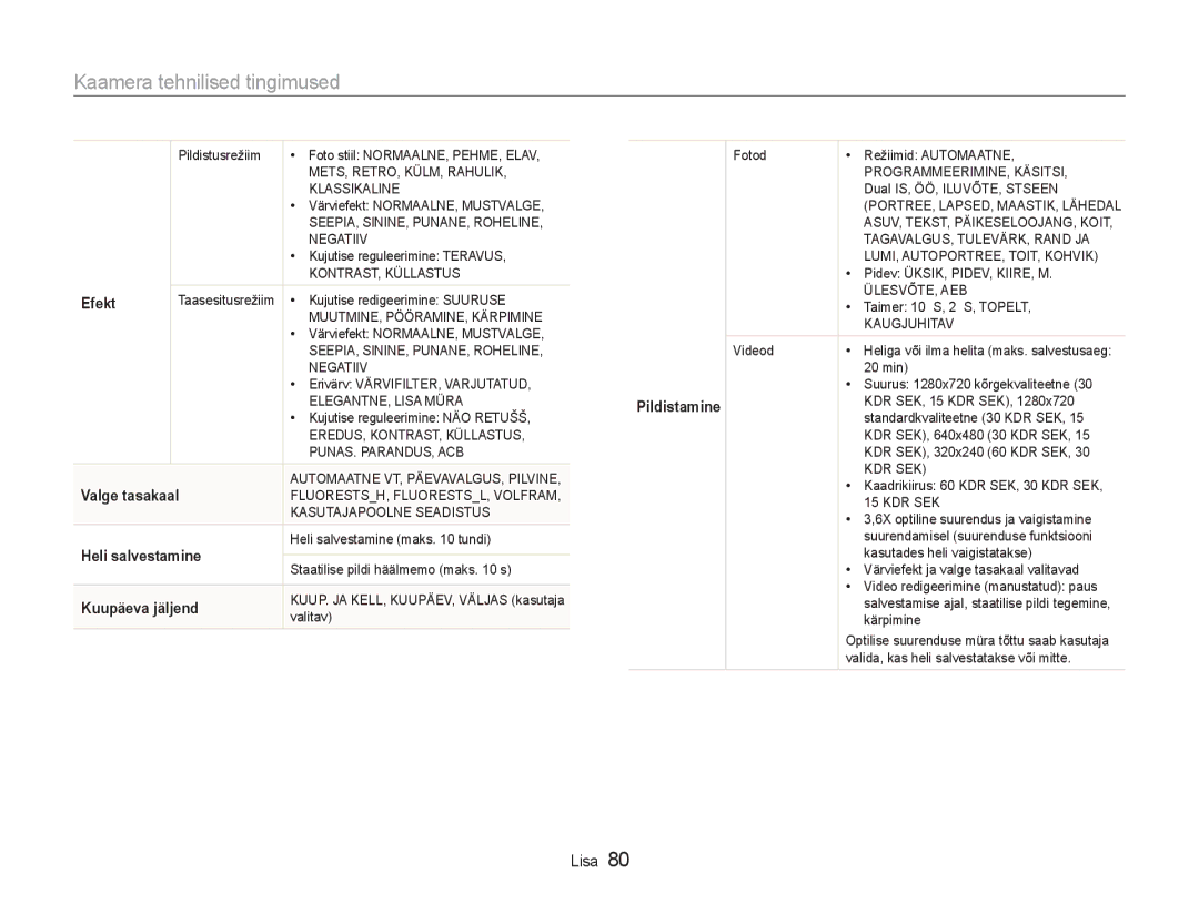 Samsung EC-NV100RBA/RU manual Kaamera tehnilised tingimused, Efekt 