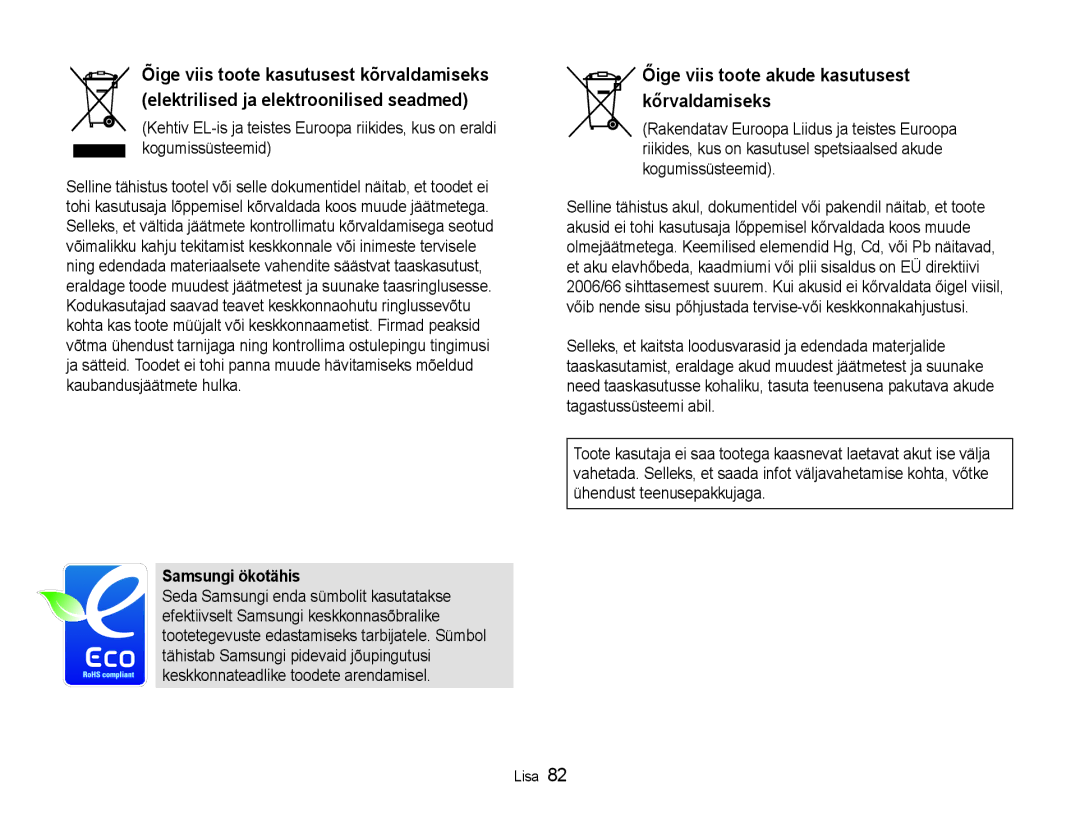 Samsung EC-NV100RBA/RU manual Őige viis toote akude kasutusest kőrvaldamiseks 