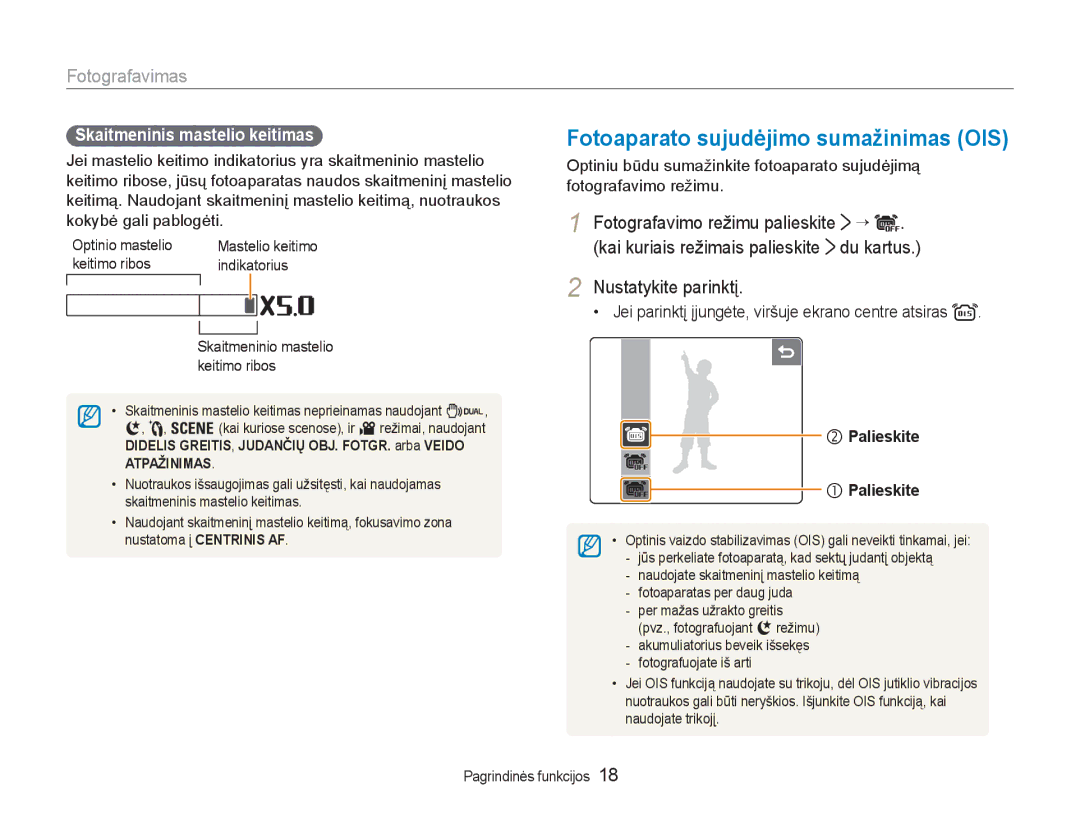 Samsung EC-NV100RBA/RU manual Fotoaparato sujudėjimo sumažinimas OIS, Fotografavimas, Kai kuriais režimais palieskite 