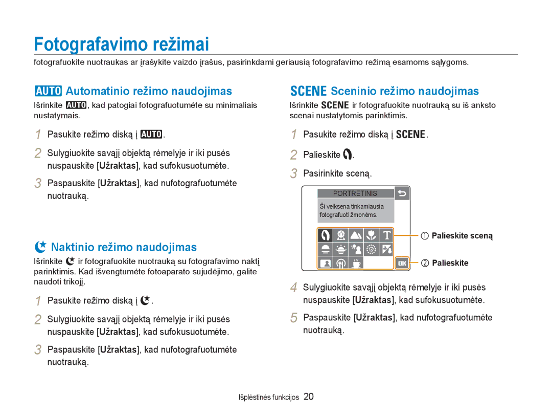 Samsung EC-NV100RBA/RU manual Fotografavimo režimai, Automatinio režimo naudojimas, Sceninio režimo naudojimas 