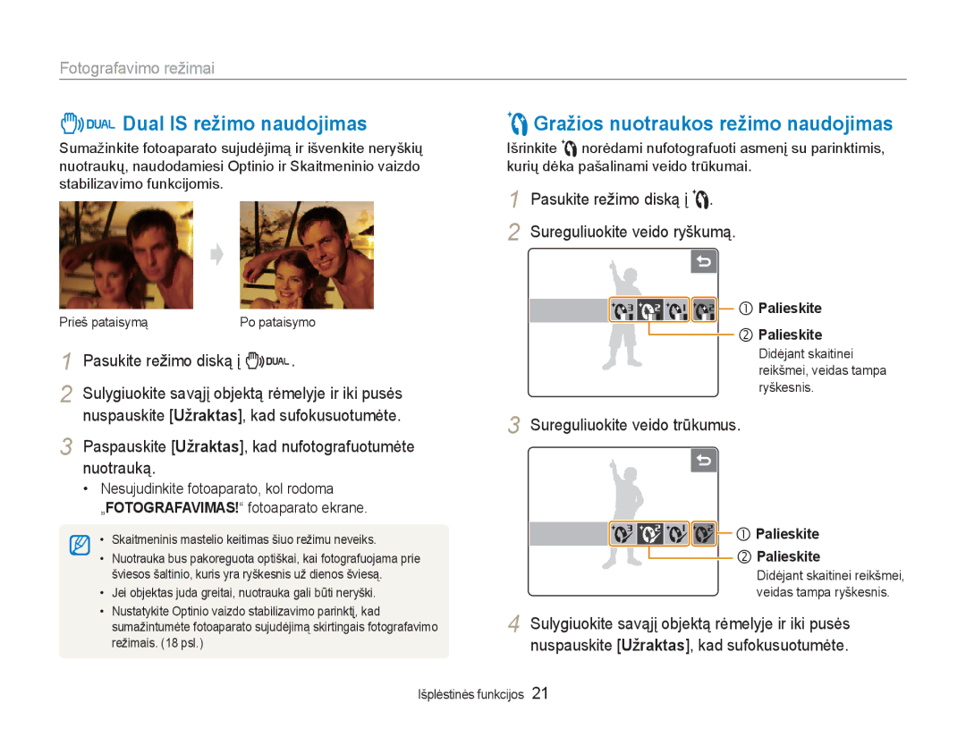 Samsung EC-NV100RBA/RU manual Dual is režimo naudojimas, Gražios nuotraukos režimo naudojimas, Fotografavimo režimai 