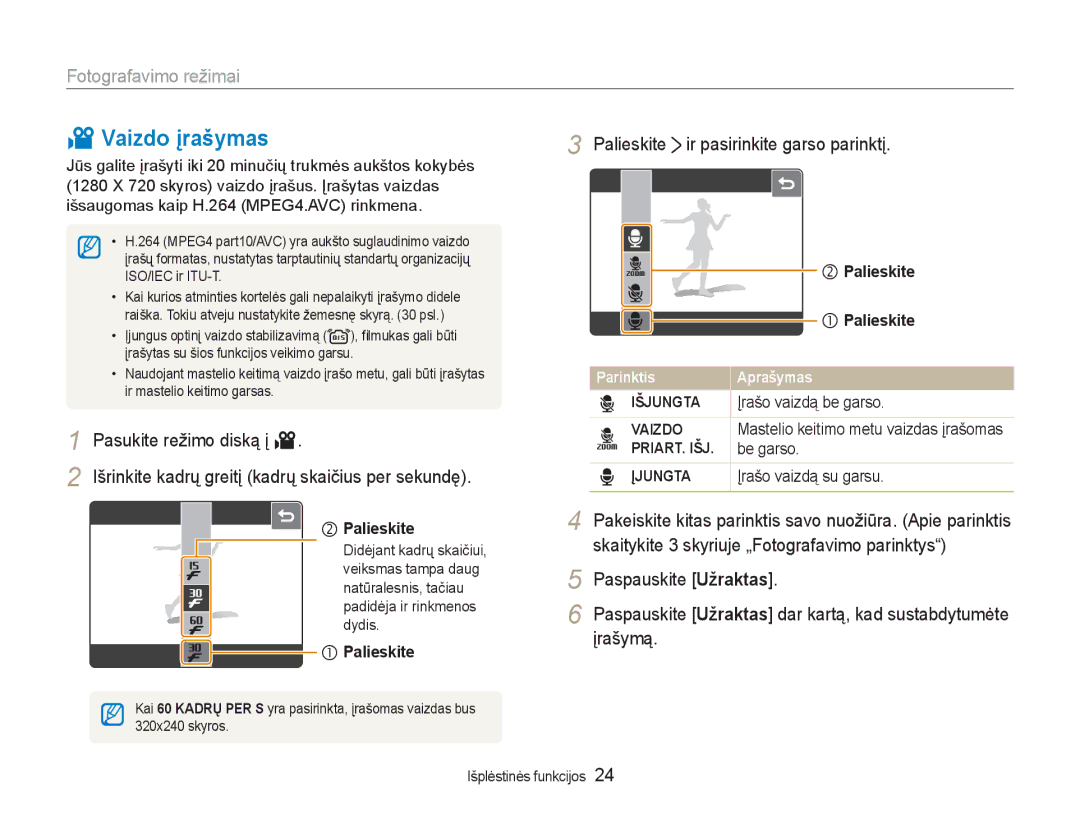 Samsung EC-NV100RBA/RU manual Vaizdo įrašymas, Palieskite ir pasirinkite garso parinktį 