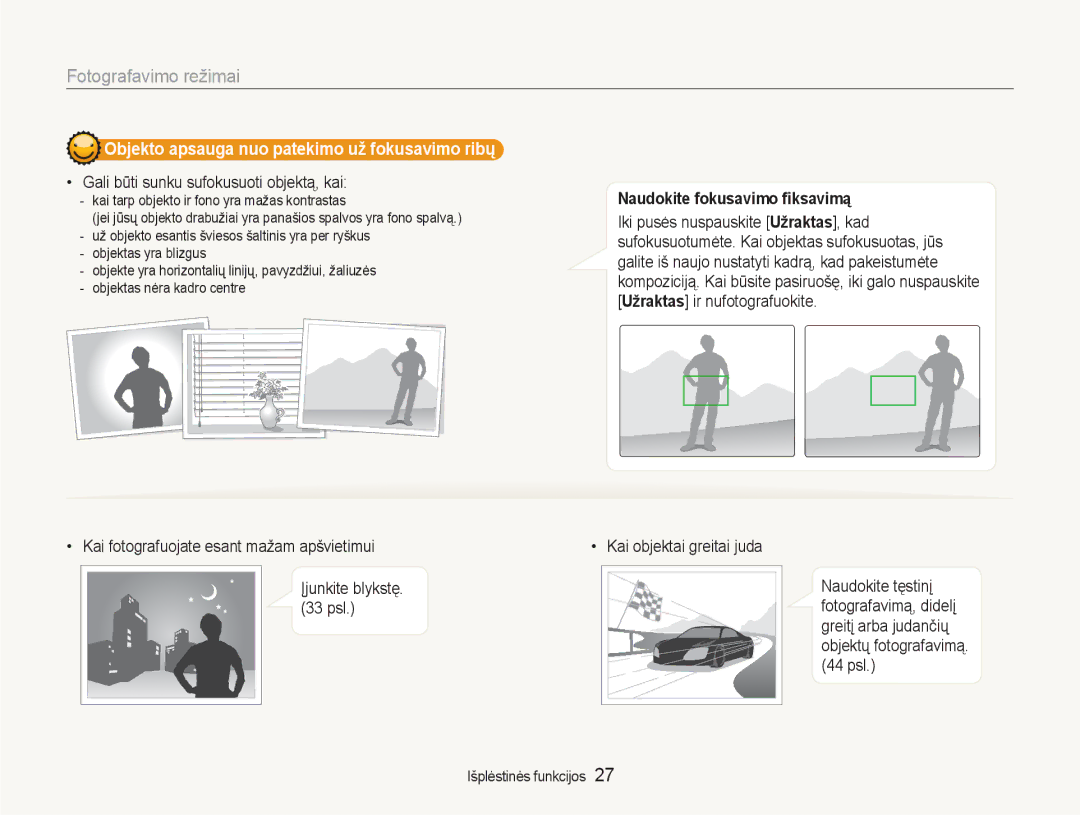 Samsung EC-NV100RBA/RU manual Objekto apsauga nuo patekimo už fokusavimo ribų, Gali būti sunku sufokusuoti objektą, kai 